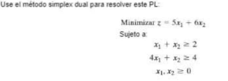 Use the dual simplex method to solve this PL: