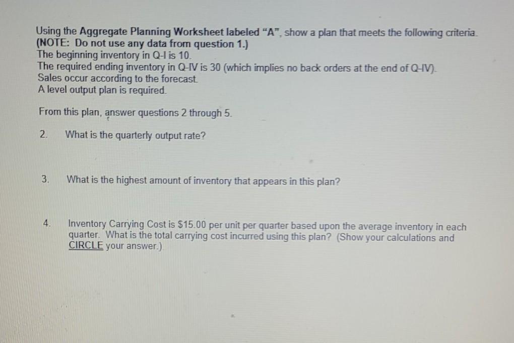 Using the Aggregate Planning Worksheet labeled