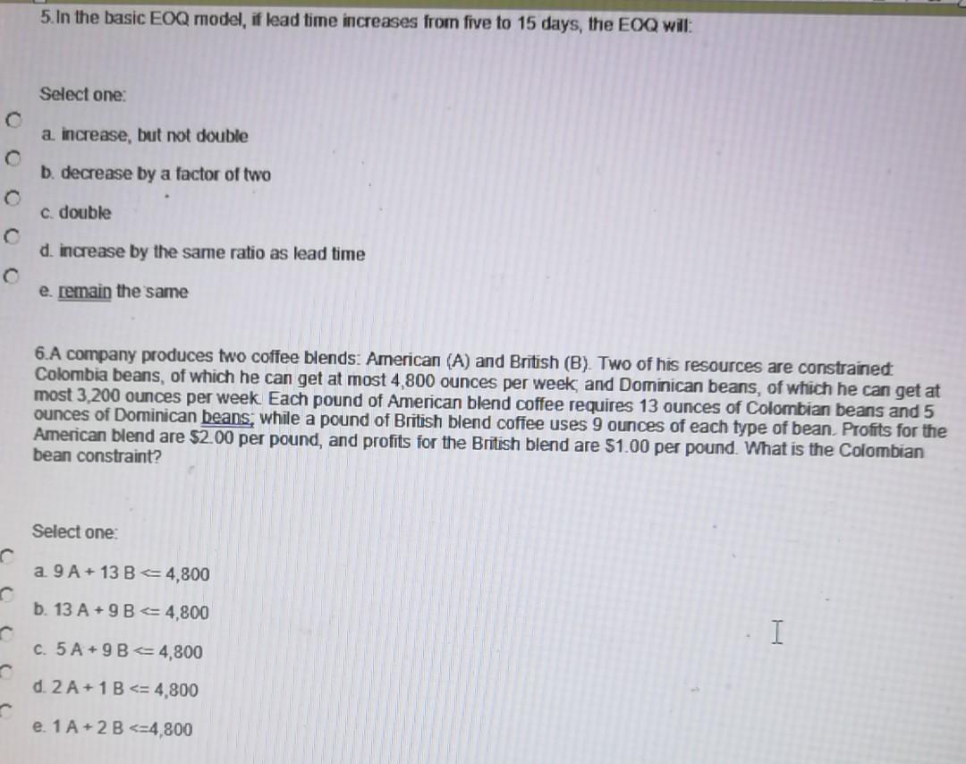 5. In the basic EOQ model, if lead time increases