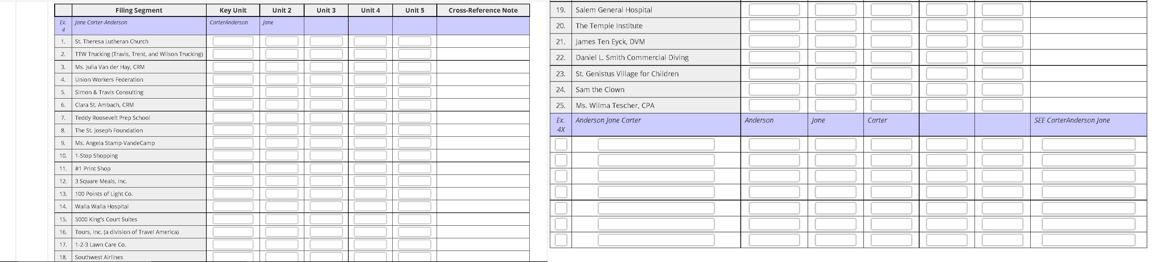 For each filing segment, indicate in the table