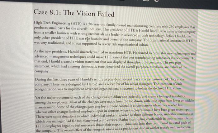 Case 8.1: The Vision Failed High Tech Engineering