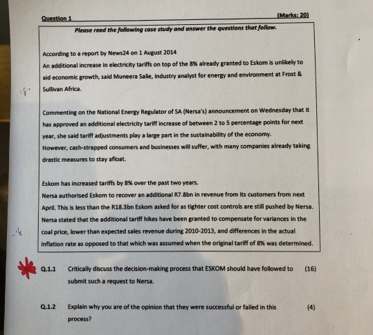 Question 11 Marks:20) Please read the following