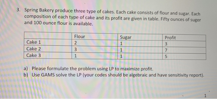 3. Spring Bakery produce three type of cakes.