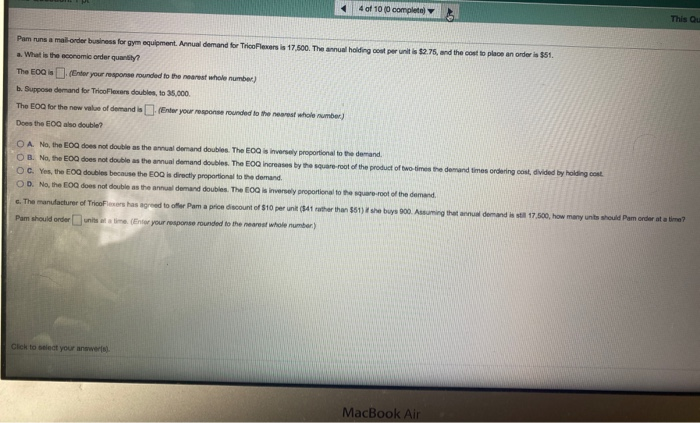 4 of 10 (0 complete This ou Pam runs a mal order