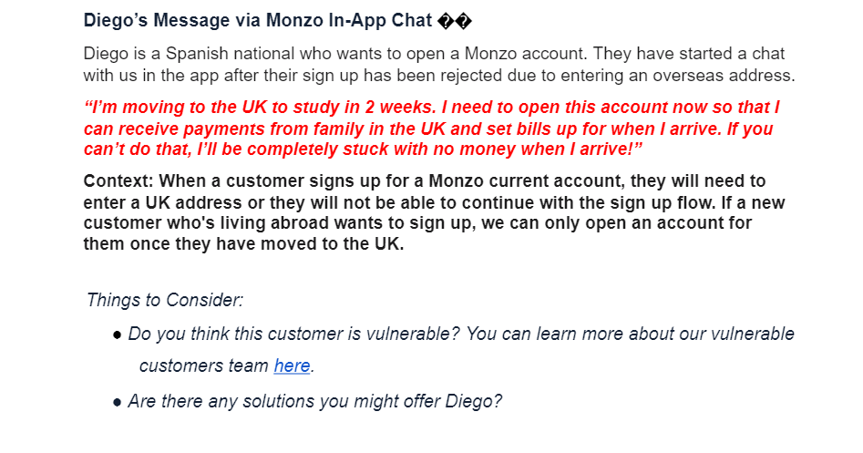 Diego's Message via Monzo In-App Chat Diego is a
