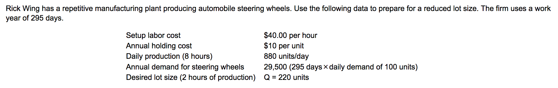 A) SET UP COST B) SET UP TIME Rick Wing has a