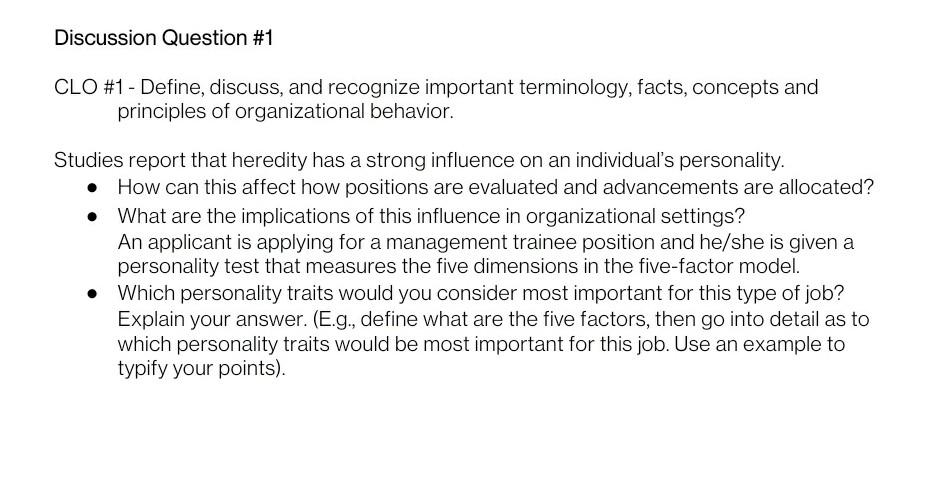 Organization behaviour CLO #1 - Define, discuss,