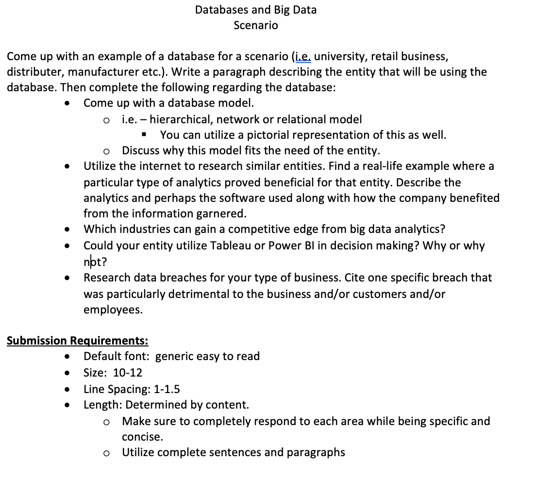 Databases and Big Data Scenario . O O . Come up