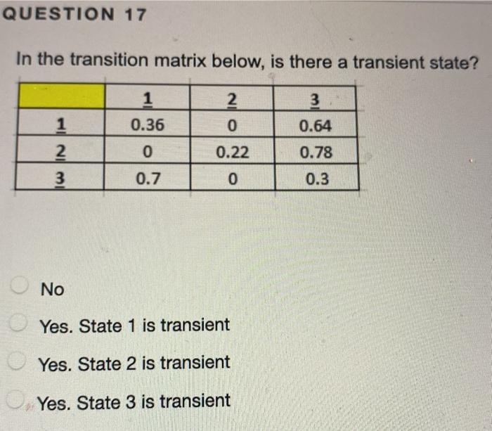 QUESTION 17 In the transition matrix below, is
