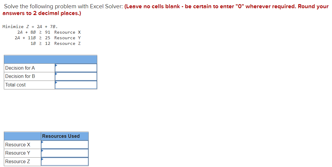 Solve the following problem with Excel Solver: