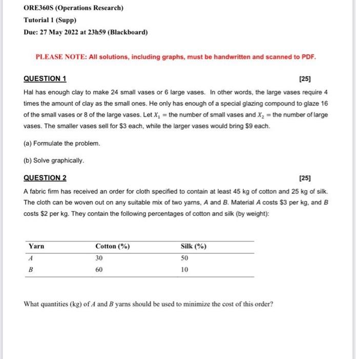 ORE360S (Operations Research) Tutorial 1 (Supp)