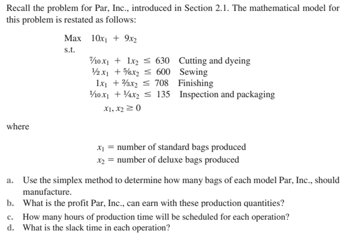 Recall the problem for Par, Inc., introduced in
