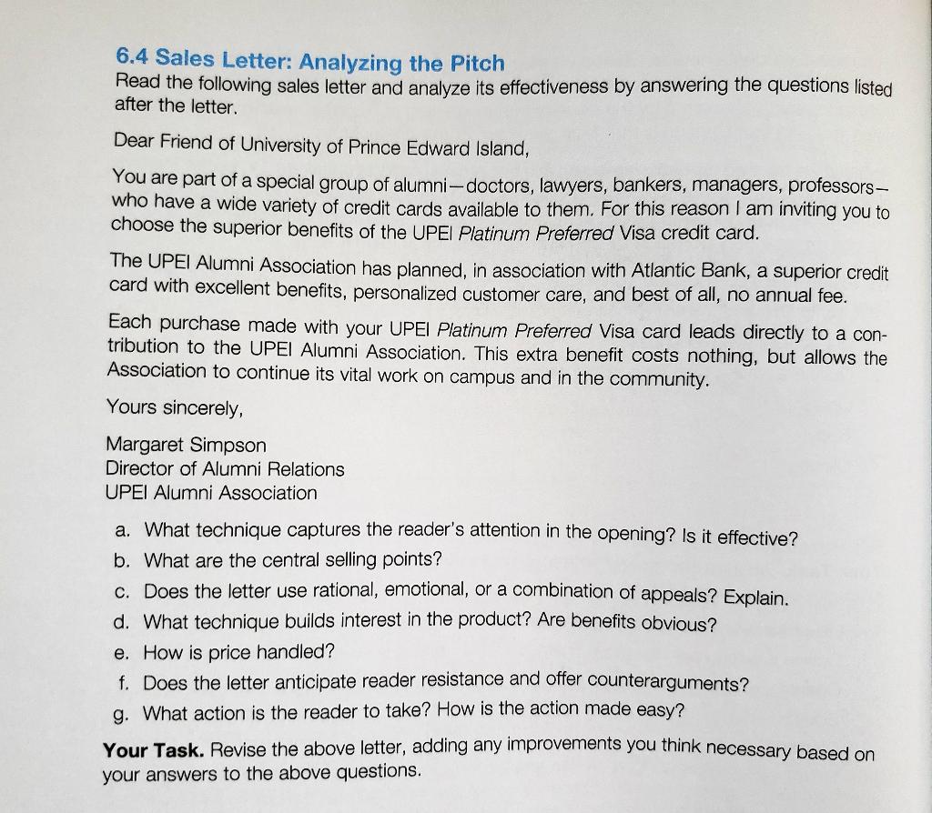 6.4 Sales Letter: Analyzing the Pitch Read the