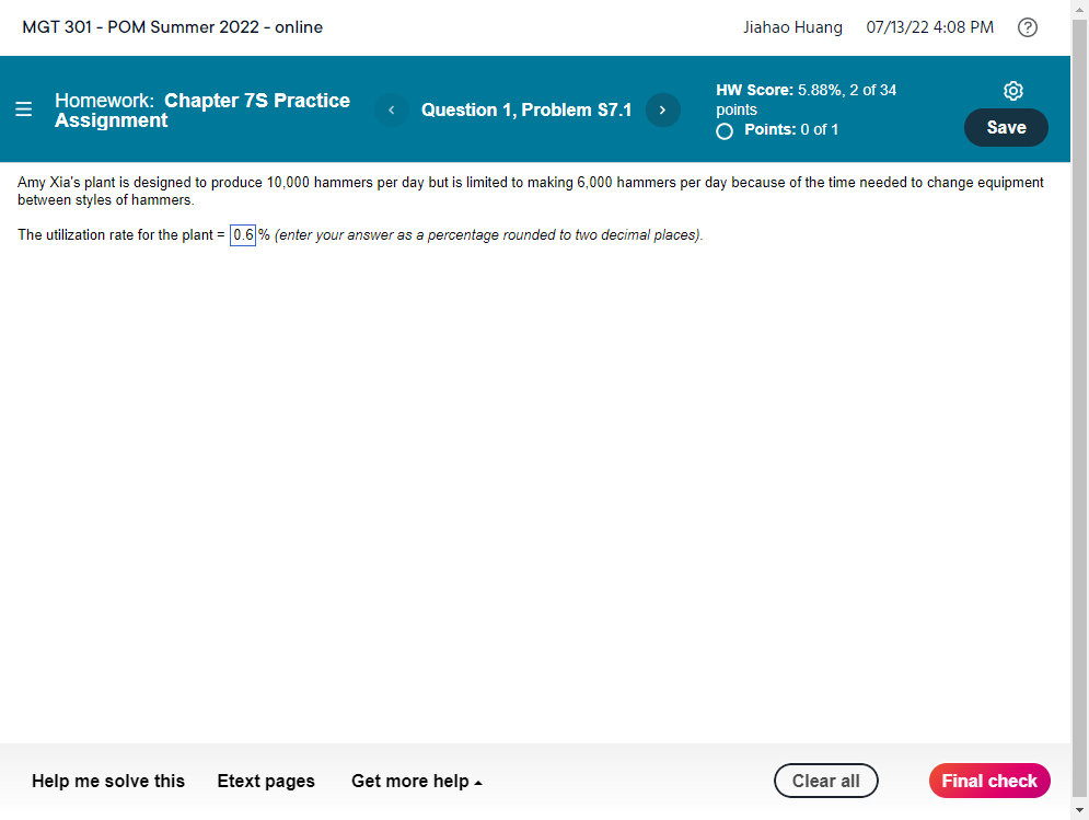 Amy Xia's plant is designed to produce 10,000