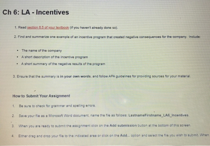 Ch 6: LA - Incentives 1. Read section 8.5 of your