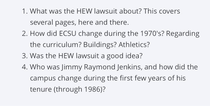 1. What was the HEW lawsuit about? This covers