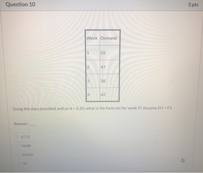 Question 10 3 pts Week Demand 55 2 Using the data