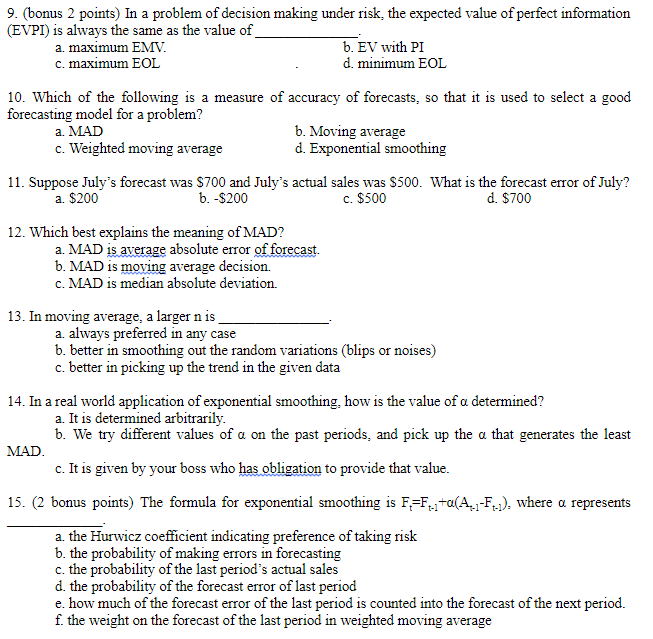 9. (bonus 2 points) In a problem of decision
