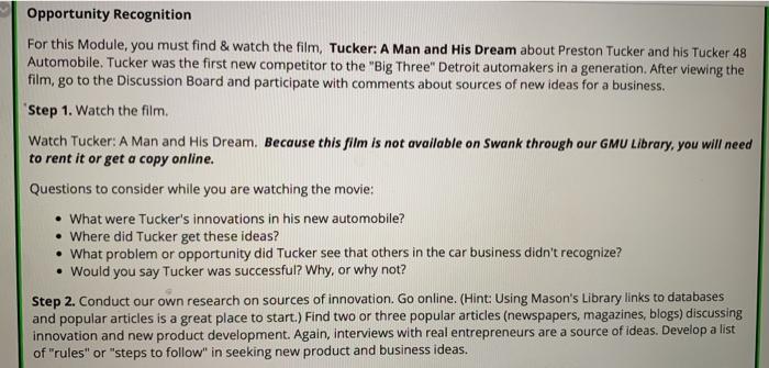 Opportunity Recognition For this Module, you must