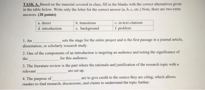 TASK A. Based on the material covered in class,