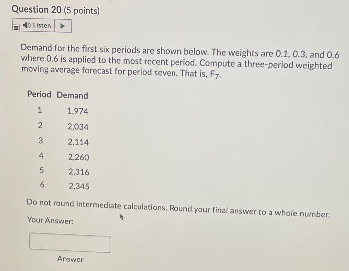 Question 20 (5 points) Listen Demand for the