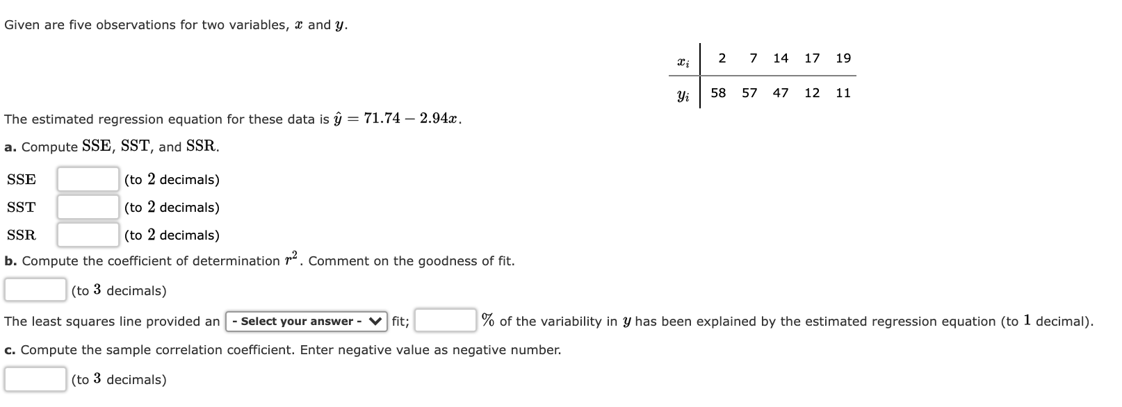 Given are five observations for two variables, 2