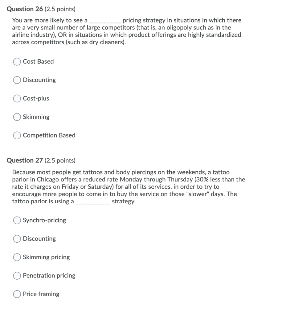 Question 28 (2.5 points) Which of the following