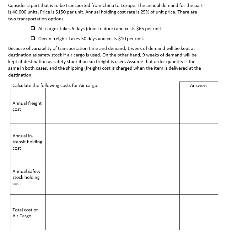 Consider a part that is to be transported from