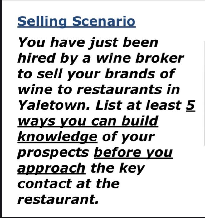 Selling Scenario You have just been hired by a