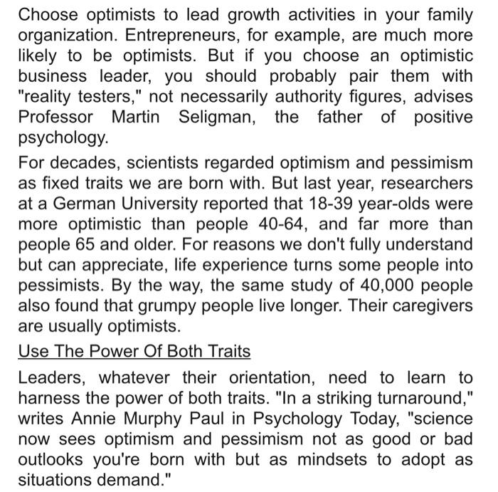 Managing the Family Business: Are Optimists or