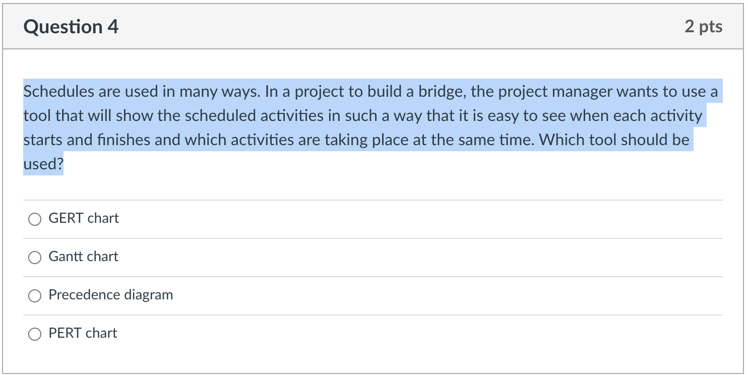 Question 4 2 pts Schedules are used in many ways.
