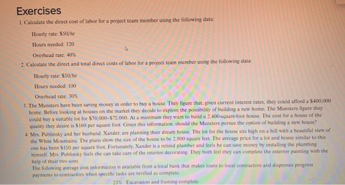 Exercises 1. Calculate the direct cost of labor
