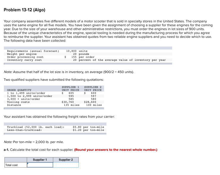 Problem 13-12 (Algo) Your company assembles five
