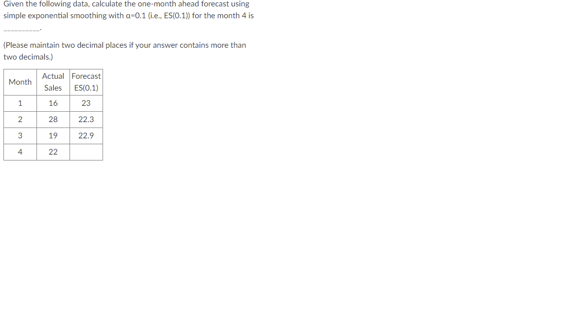 Given the following data, calculate the one-month