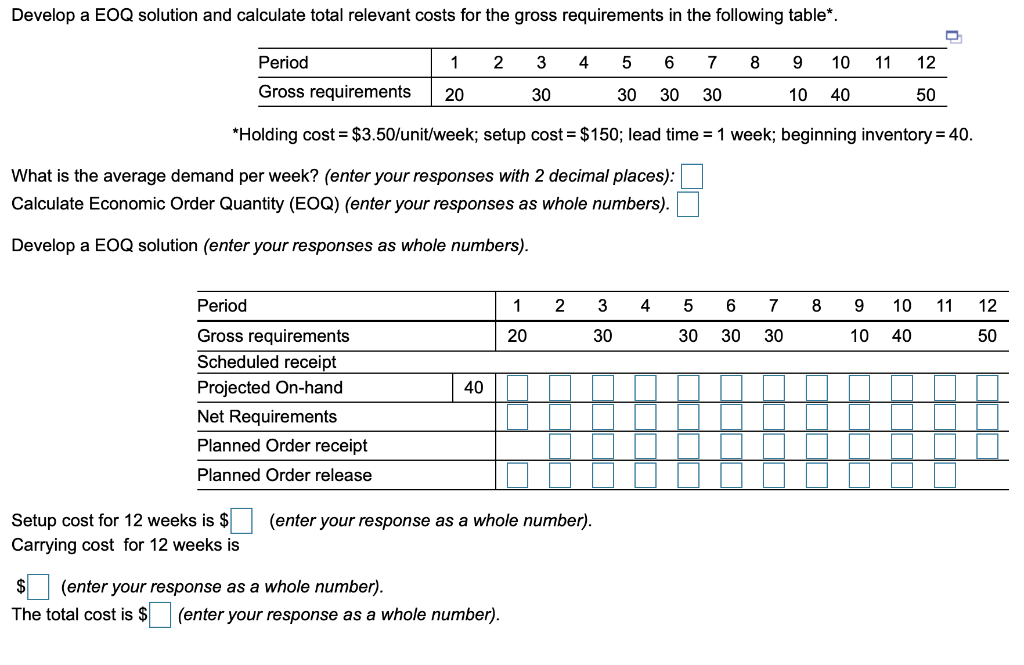 Develop a EOQ solution and calculate total