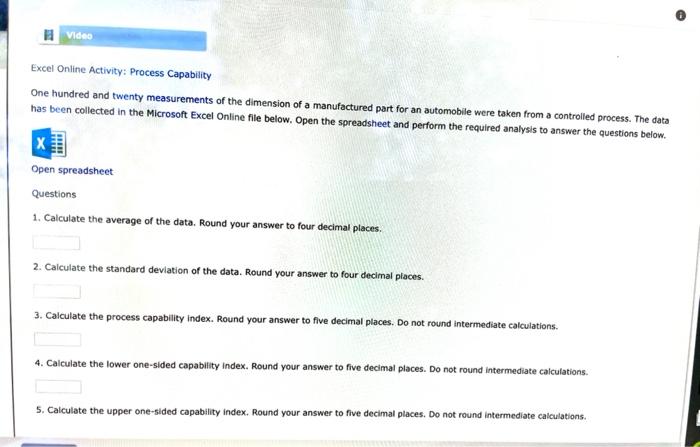 Video Excel Online Activity: Process Capability