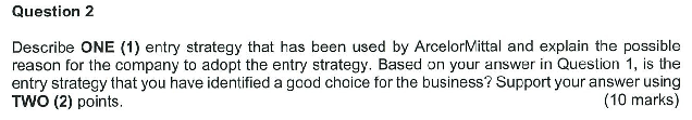 Question 2 Describe ONE (1) entry strategy that