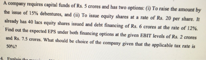A company requires capital funds of Rs. 5 crores