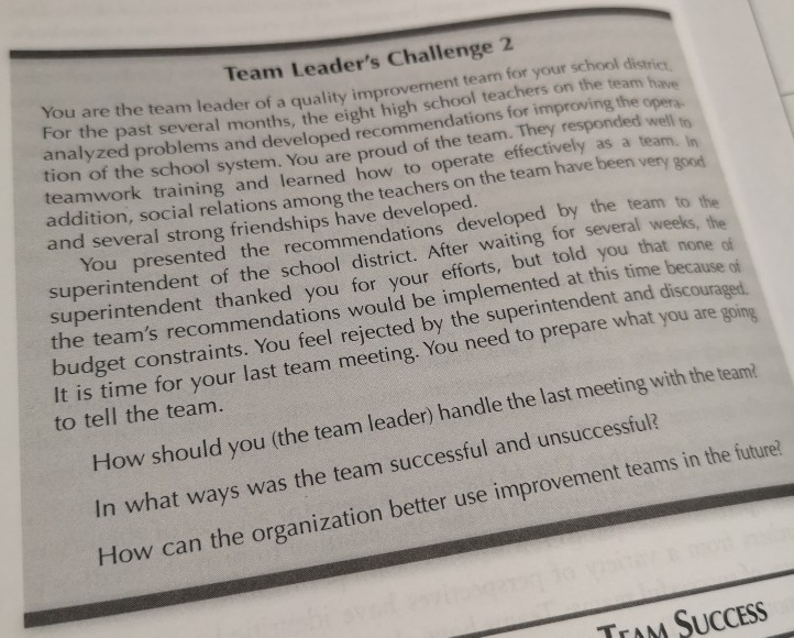 questions: 1) How should you (the team leader)