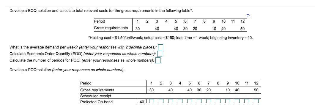 Develop a EOQ solution and calculate total