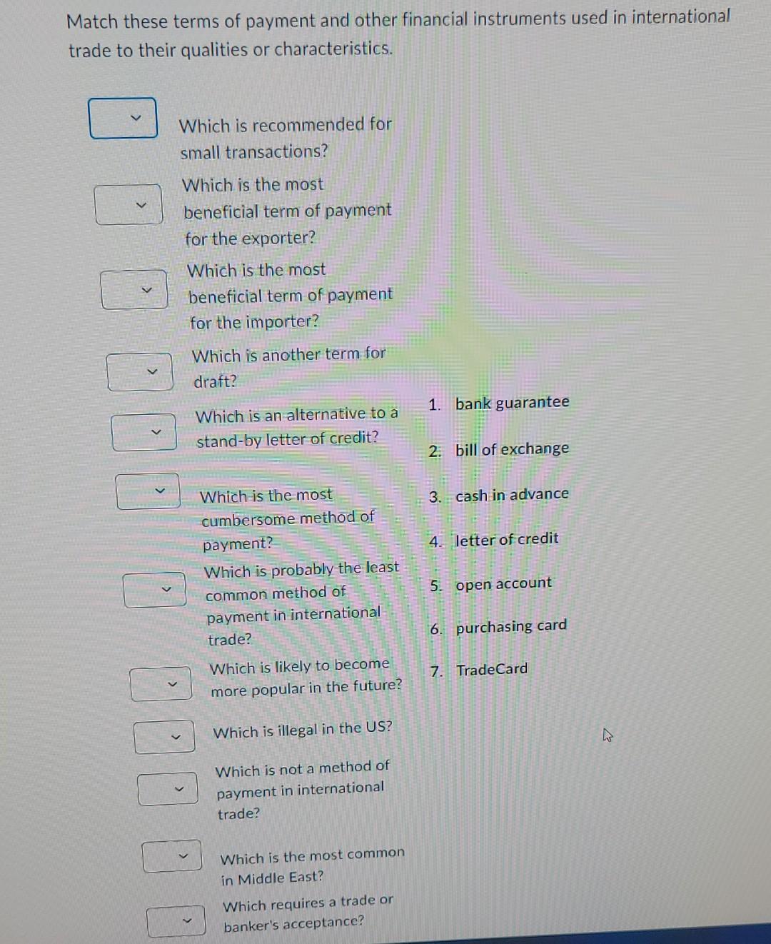 please help! Match these terms of payment and