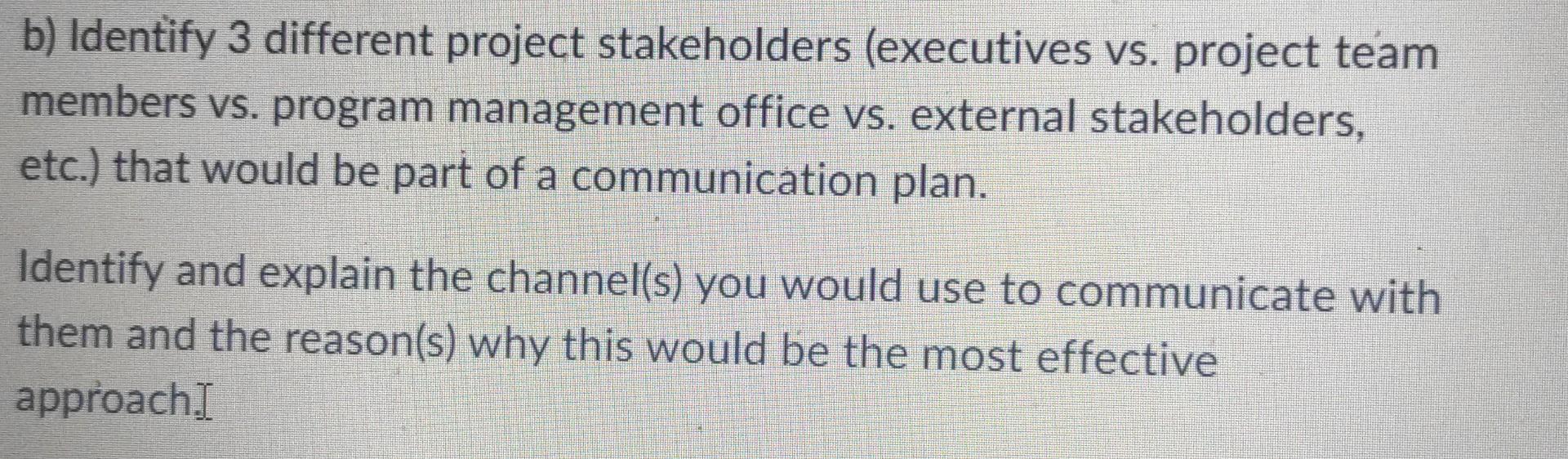 b) Identify 3 different project stakeholders