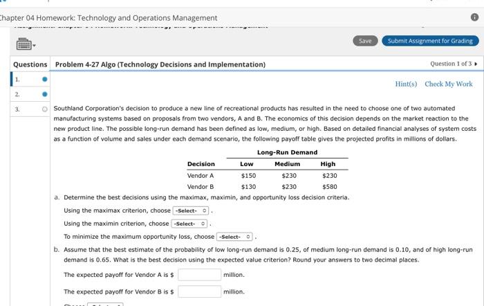 Chapter 04 Homework: Technology and Operations