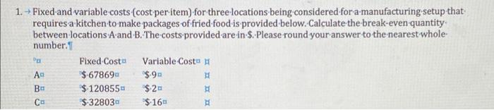 1. Fixed and variable costs (cost per item) for
