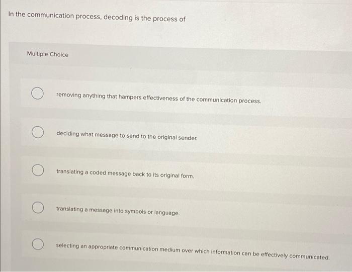 In the communication process, decoding is the