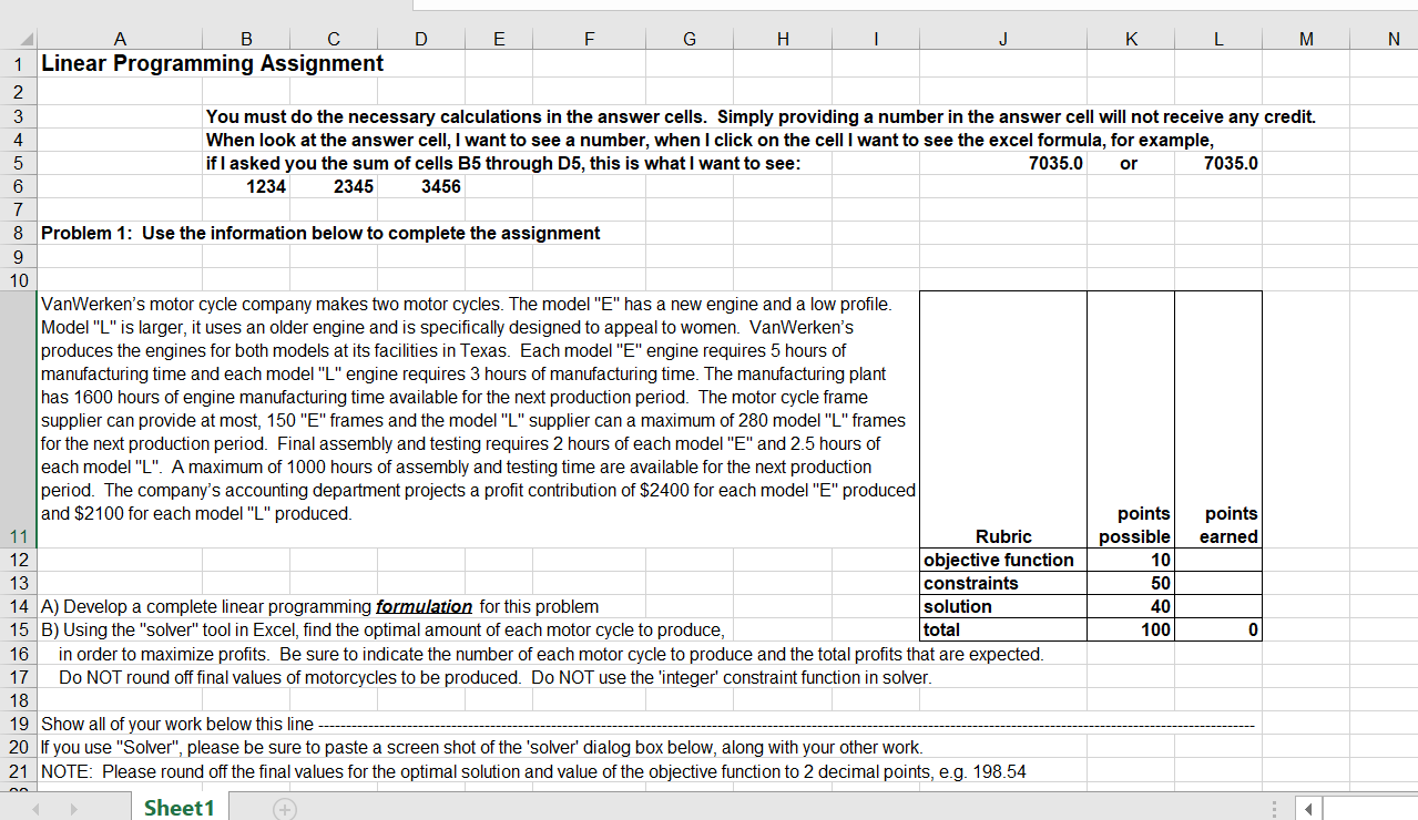 A B C D E F G H K L M N 1 Linear Programming