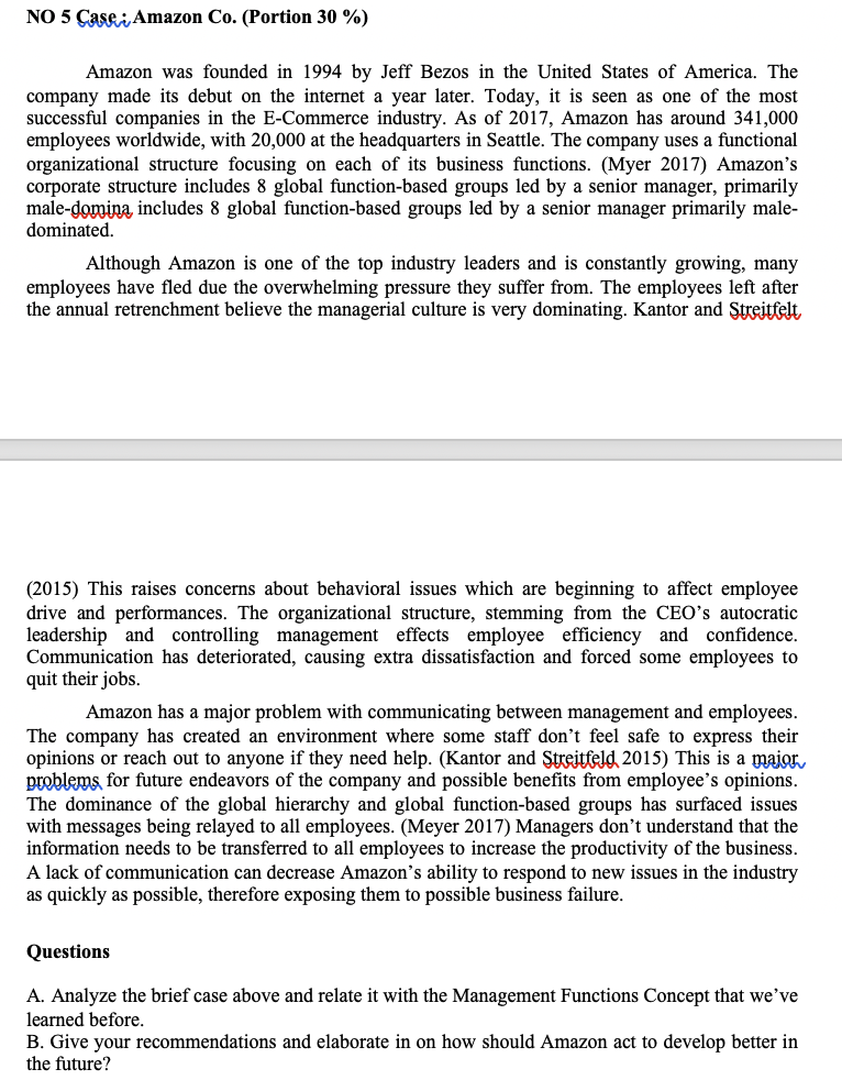 NO 5 Case: Amazon Co. (Portion 30%) Amazon was