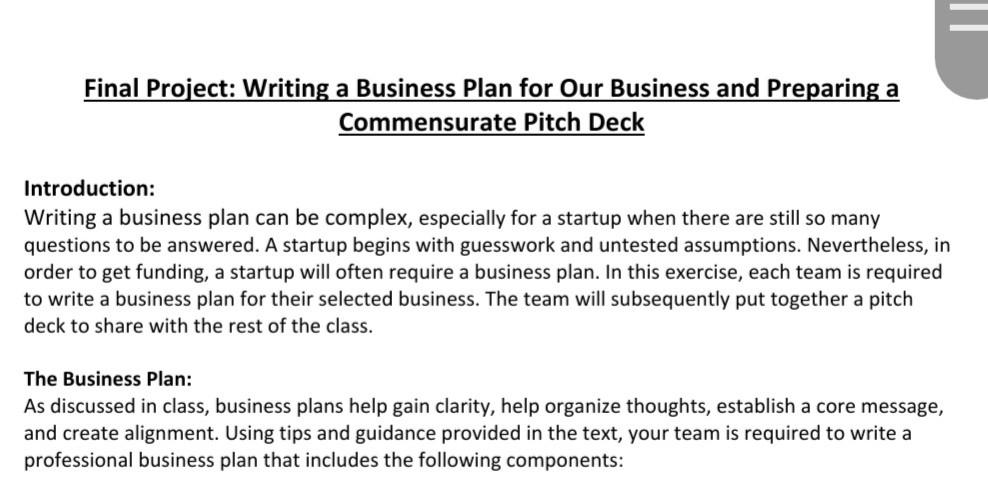Final Project: Writing a Business Plan for Our