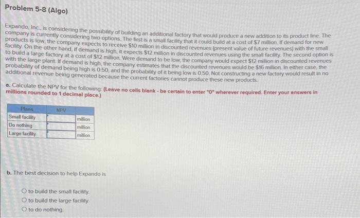 Problem 5-8 (Algo) Expando, Inc. is considering