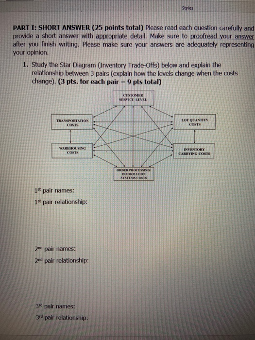 PART I: SHORT ANSWER (25 points total) Please